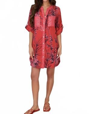NEW MILIO MILANO linen botanical dress with sequin detail in red flame